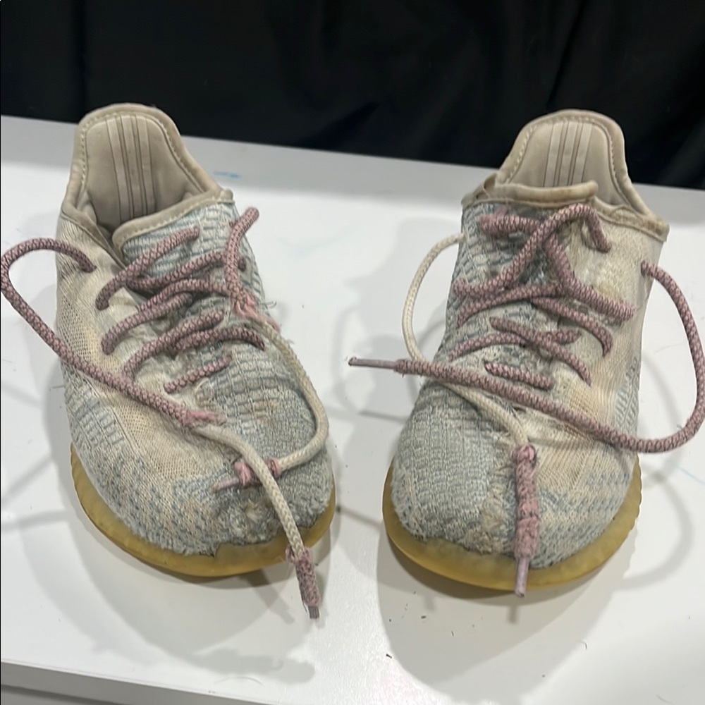 Yeezy Cream and Pink Sneakers Distressed Look